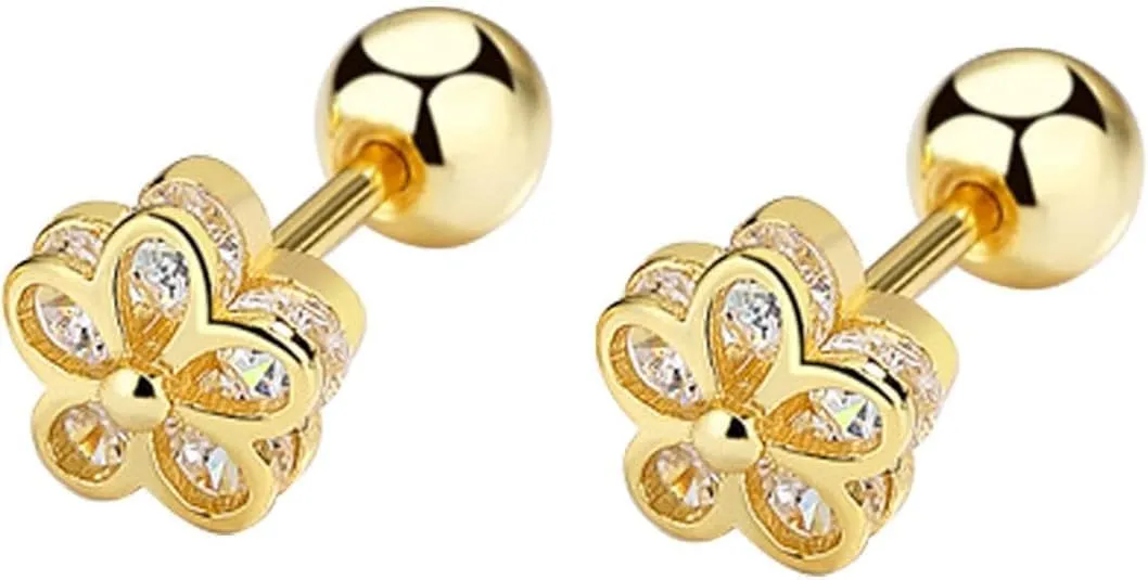 18K Gold plated 925 Sterling Silver Cubic Zirconia Screw Back Cute Flower Stud Earrings for Women