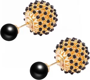 18K Gold Plated Black Earring for Women, Womens Vintage Double Sided Front Back Ball Stud Earrings, 925 Sterling Silver Post, Women Jewelry Gfits