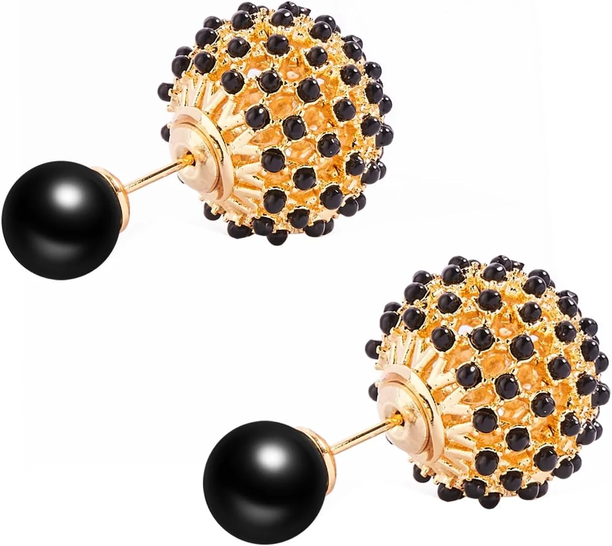 18K Gold Plated Black Earring for Women, Womens Vintage Double Sided Front Back Ball Stud Earrings, 925 Sterling Silver Post, Women Jewelry Gfits