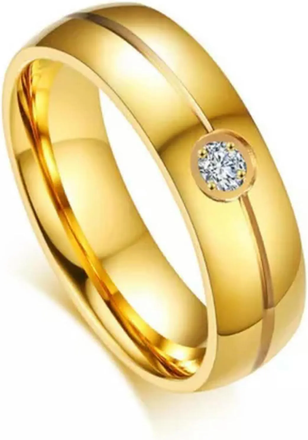 18K Gold Plated CZ Band Man Woman 316L Stainless Steel Gift Couple Rings Sz 5-13