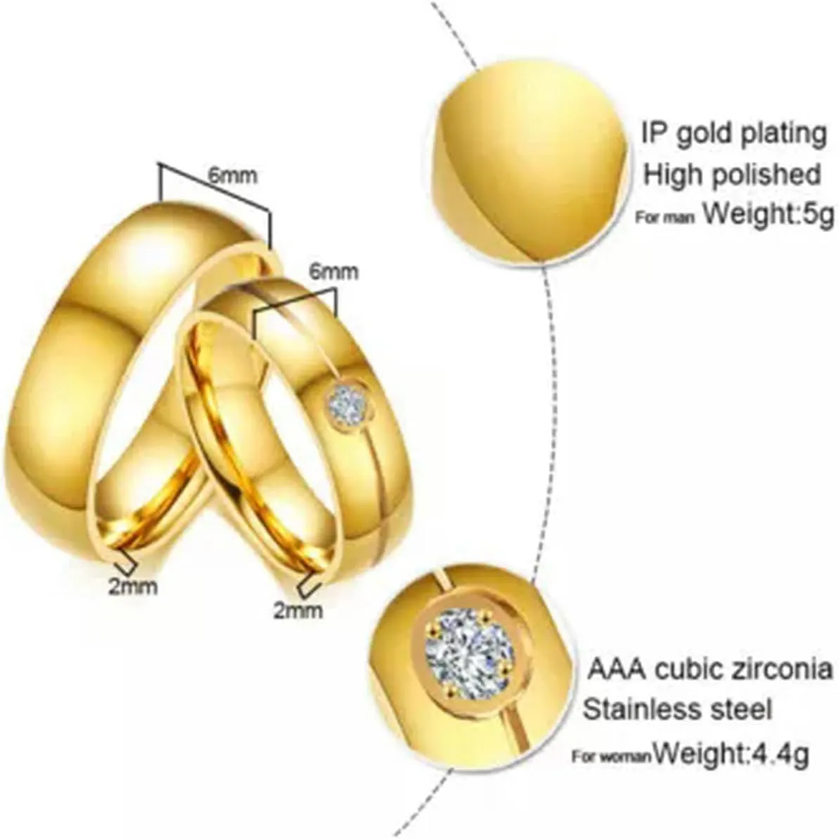 18K Gold Plated CZ Band Man Woman 316L Stainless Steel Gift Couple Rings Sz 5-13