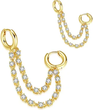 18K Gold Plated Double Huggie Chain Earrings | Double Piercing Earrings Connected Hoops with CZ Chains Statement Piece