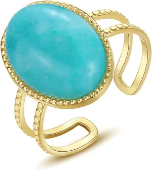 18K Gold Plated Fashion Statement Ring Oval Cut Natural Bohemian Turquoise Band Wedding Anniversary Ring Gift. Opening Adjustable Size 5-10