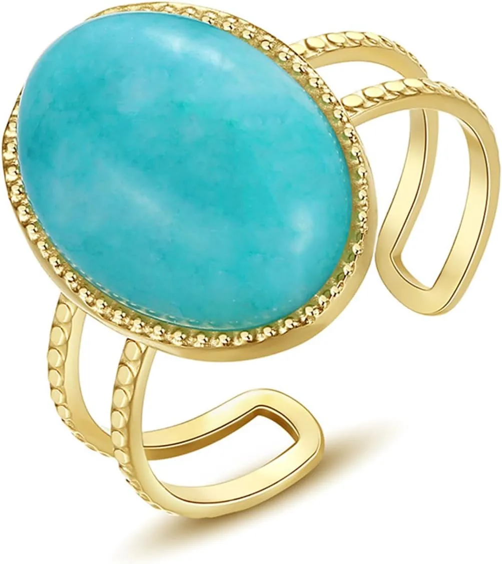 18K Gold Plated Fashion Statement Ring Oval Cut Natural Bohemian Turquoise Band Wedding Anniversary Ring Gift. Opening Adjustable Size 5-10