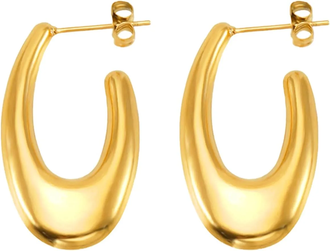18k Gold Plated Stainless Steel Chunky Stud Earrings Big Gold Stud Earrings for Women, 30mm*17mm