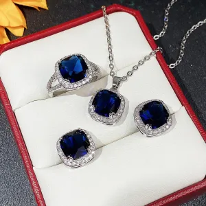18K White Gold Plated Blue Created Sapphire Jewelry Sets for Women Costume Wedding Jewelry Set with Necklace Ring Earring for Bride Bridesmaid Sapphire Blue Zircon Pendant Earrings Ring Size 7