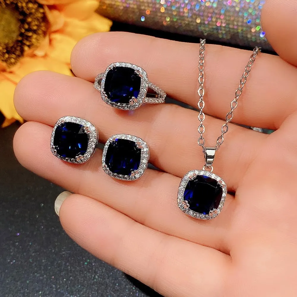 18K White Gold Plated Blue Created Sapphire Jewelry Sets for Women Costume Wedding Jewelry Set with Necklace Ring Earring for Bride Bridesmaid Sapphire Blue Zircon Pendant Earrings Ring Size 7
