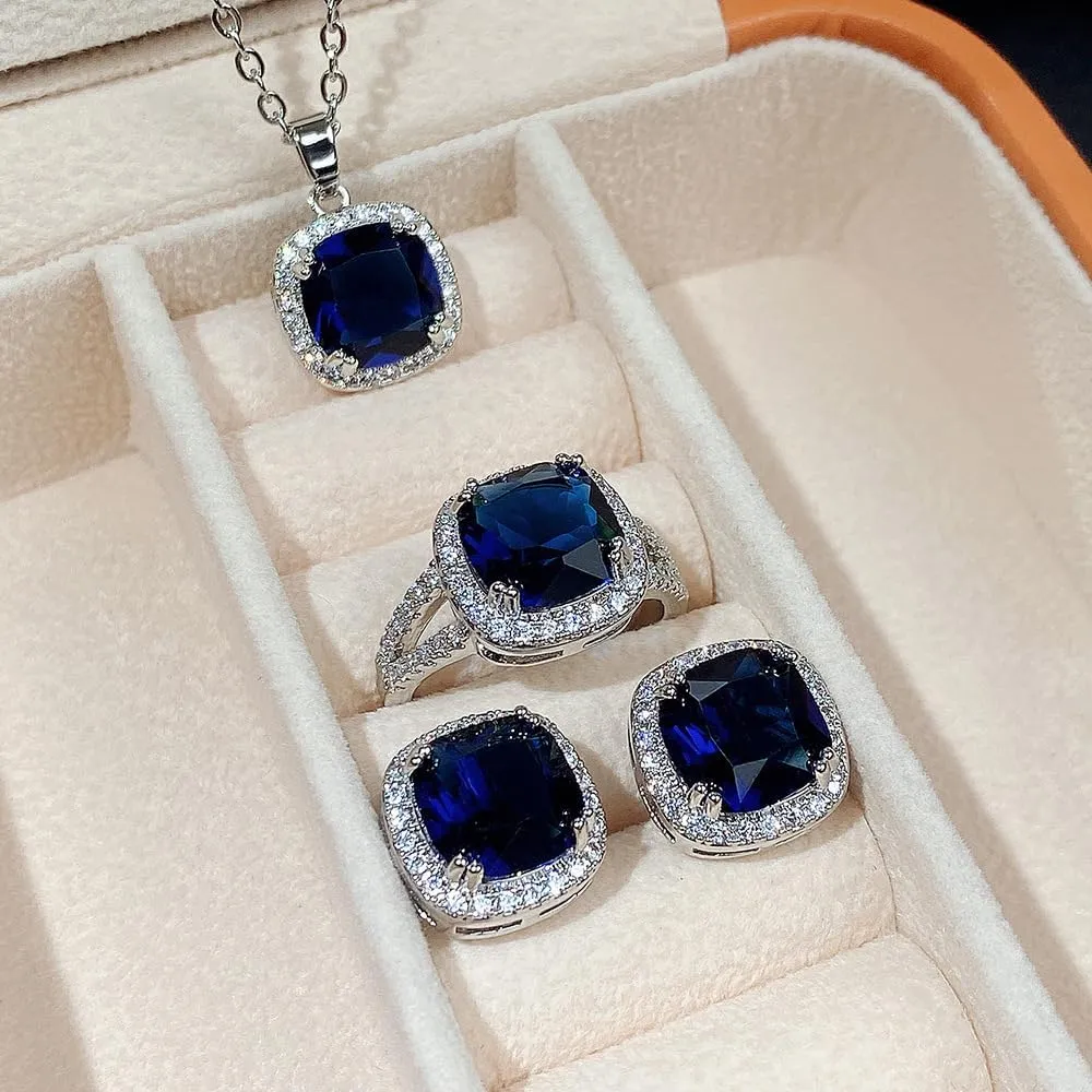 18K White Gold Plated Blue Created Sapphire Jewelry Sets for Women Costume Wedding Jewelry Set with Necklace Ring Earring for Bride Bridesmaid Sapphire Blue Zircon Pendant Earrings Ring Size 7
