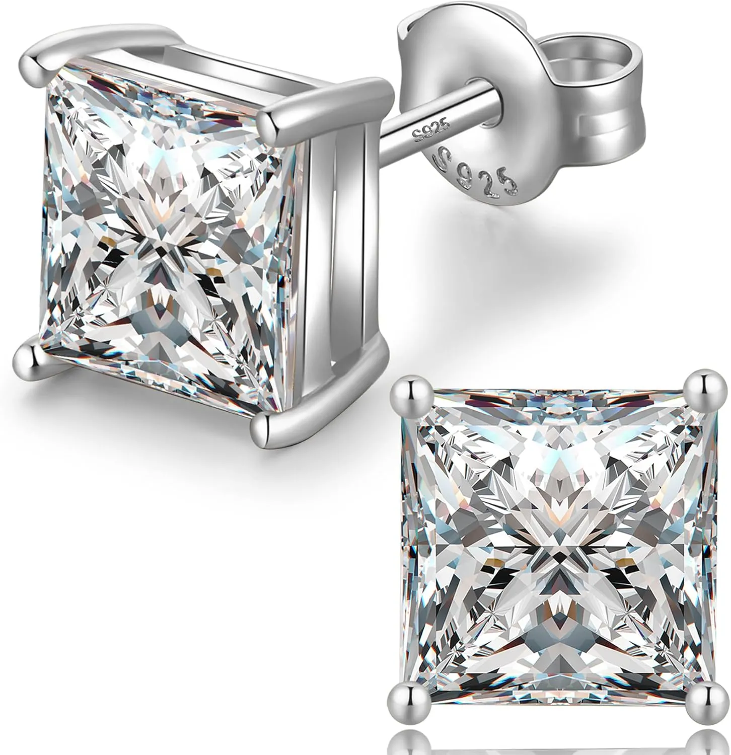 18K White Gold Plated Simulated Diamond Sparkly Round Stud Earrings 925 Sterling Silver 5A CZ Cubic Zirconia 4mm to 8mm Fine Jewelly for Women Men