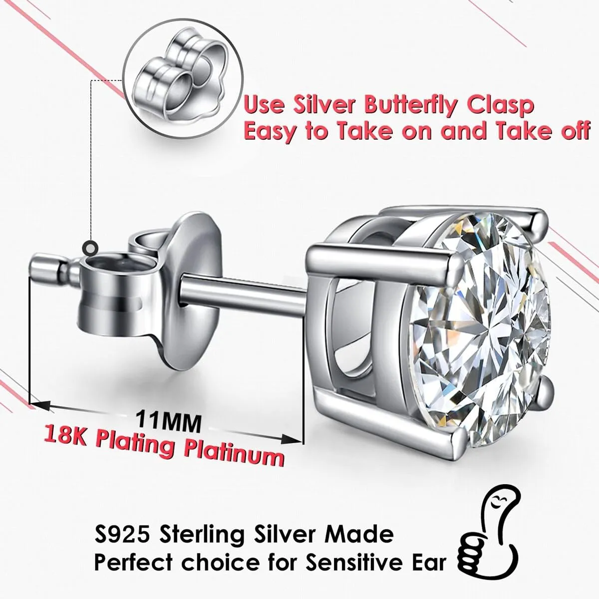 18K White Gold Plated Simulated Diamond Sparkly Round Stud Earrings 925 Sterling Silver 5A CZ Cubic Zirconia 4mm to 8mm Fine Jewelly for Women Men