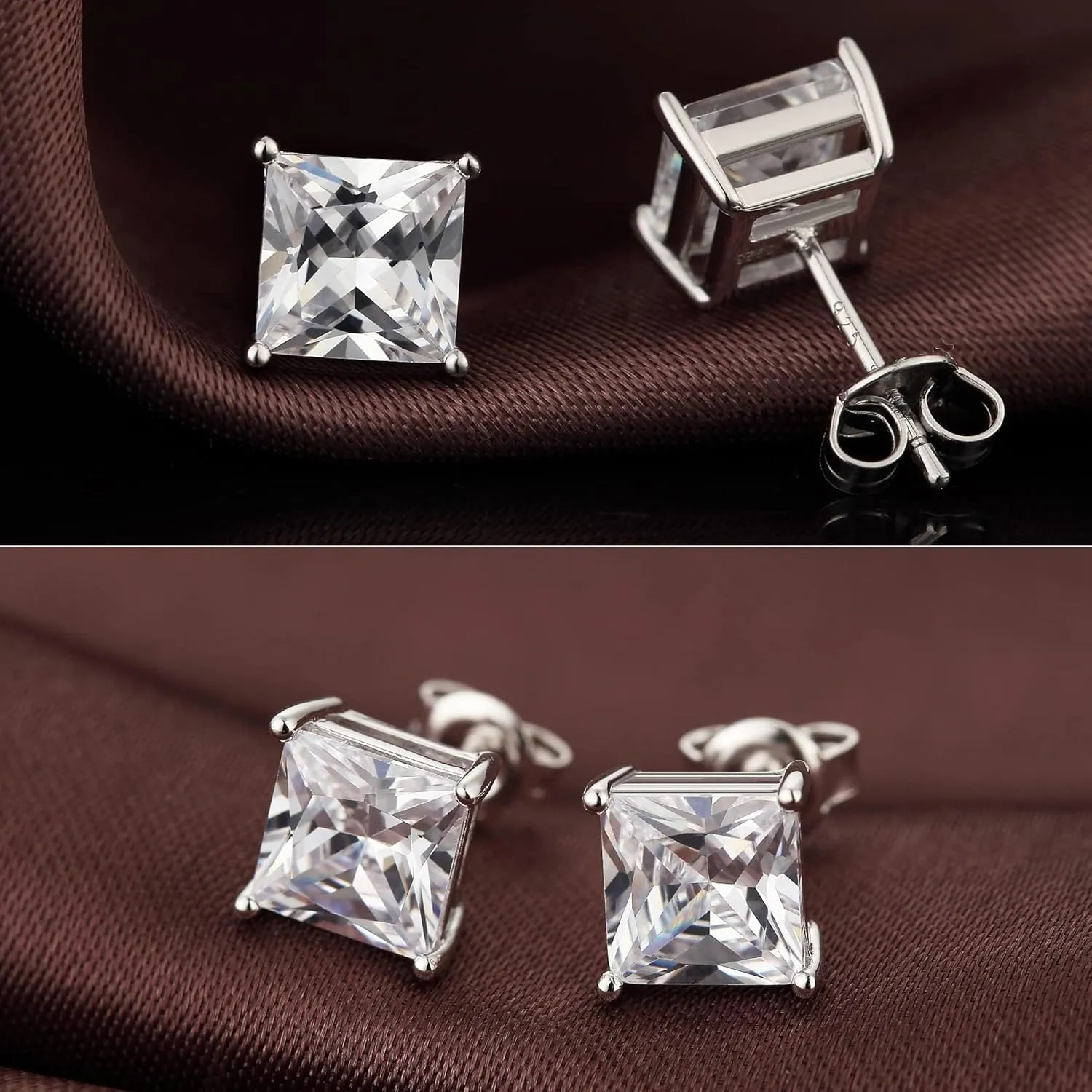 18K White Gold Plated Simulated Diamond Sparkly Round Stud Earrings 925 Sterling Silver 5A CZ Cubic Zirconia 4mm to 8mm Fine Jewelly for Women Men