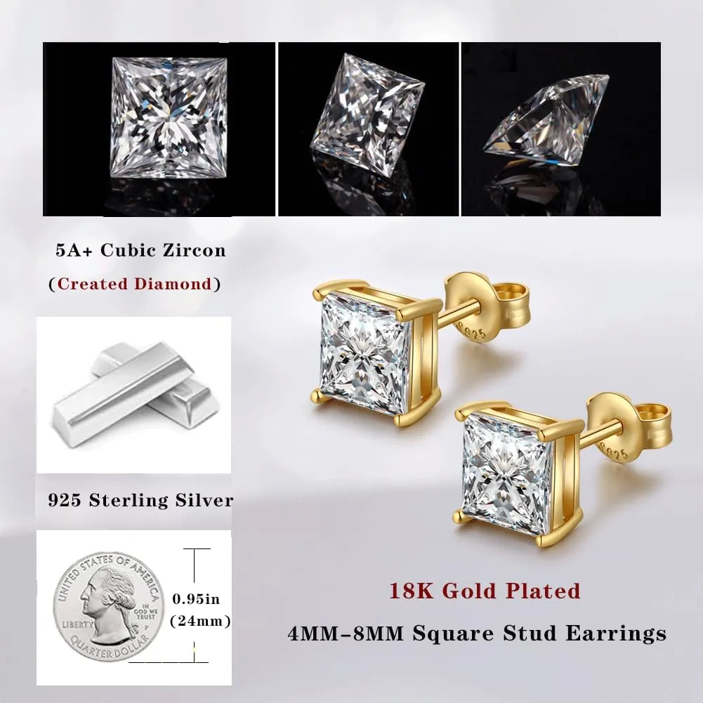 18K White Gold Plated Simulated Diamond Sparkly Round Stud Earrings 925 Sterling Silver 5A CZ Cubic Zirconia 4mm to 8mm Fine Jewelly for Women Men
