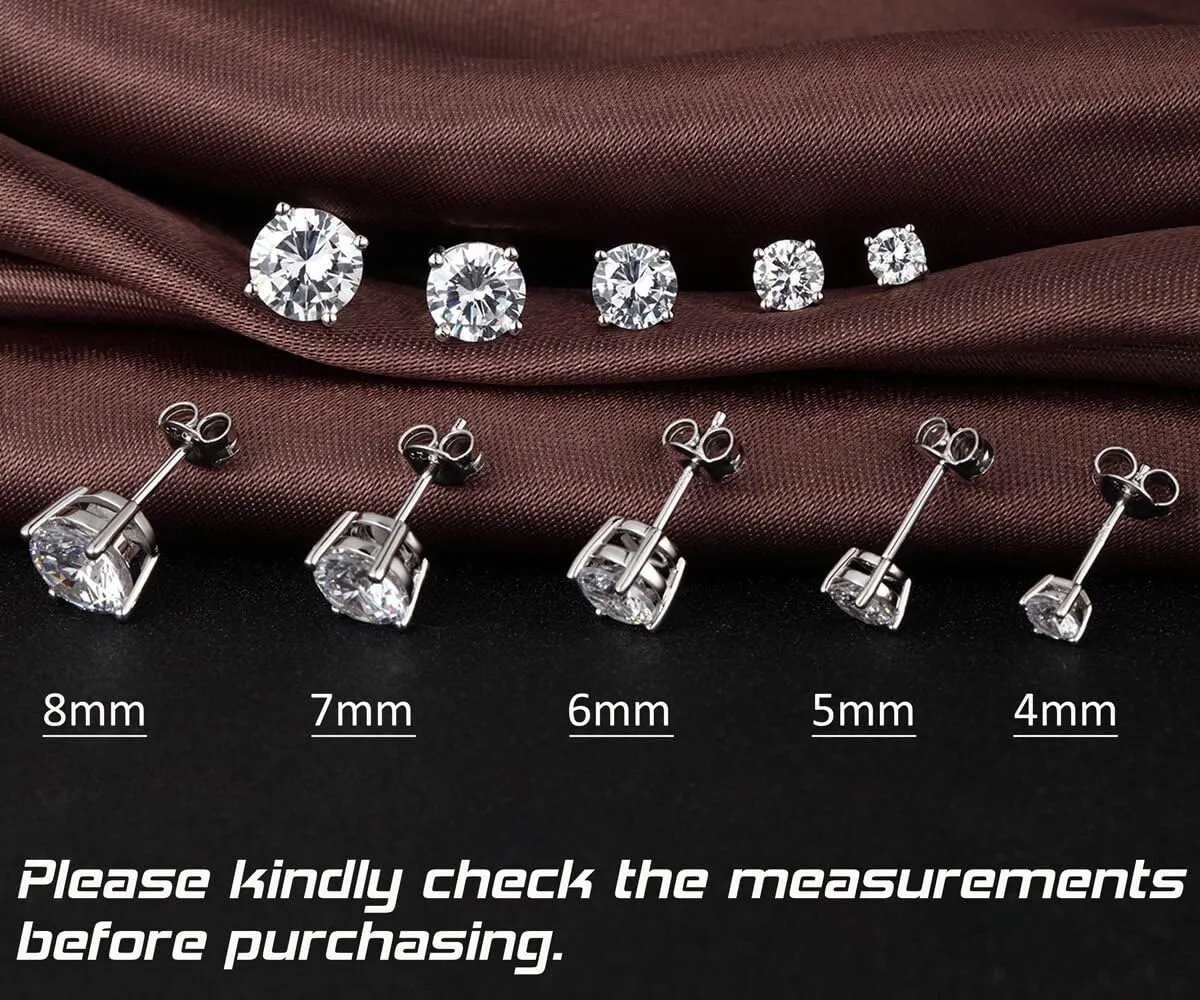 18K White Gold Plated Simulated Diamond Sparkly Round Stud Earrings 925 Sterling Silver 5A CZ Cubic Zirconia 4mm to 8mm Fine Jewelly for Women Men