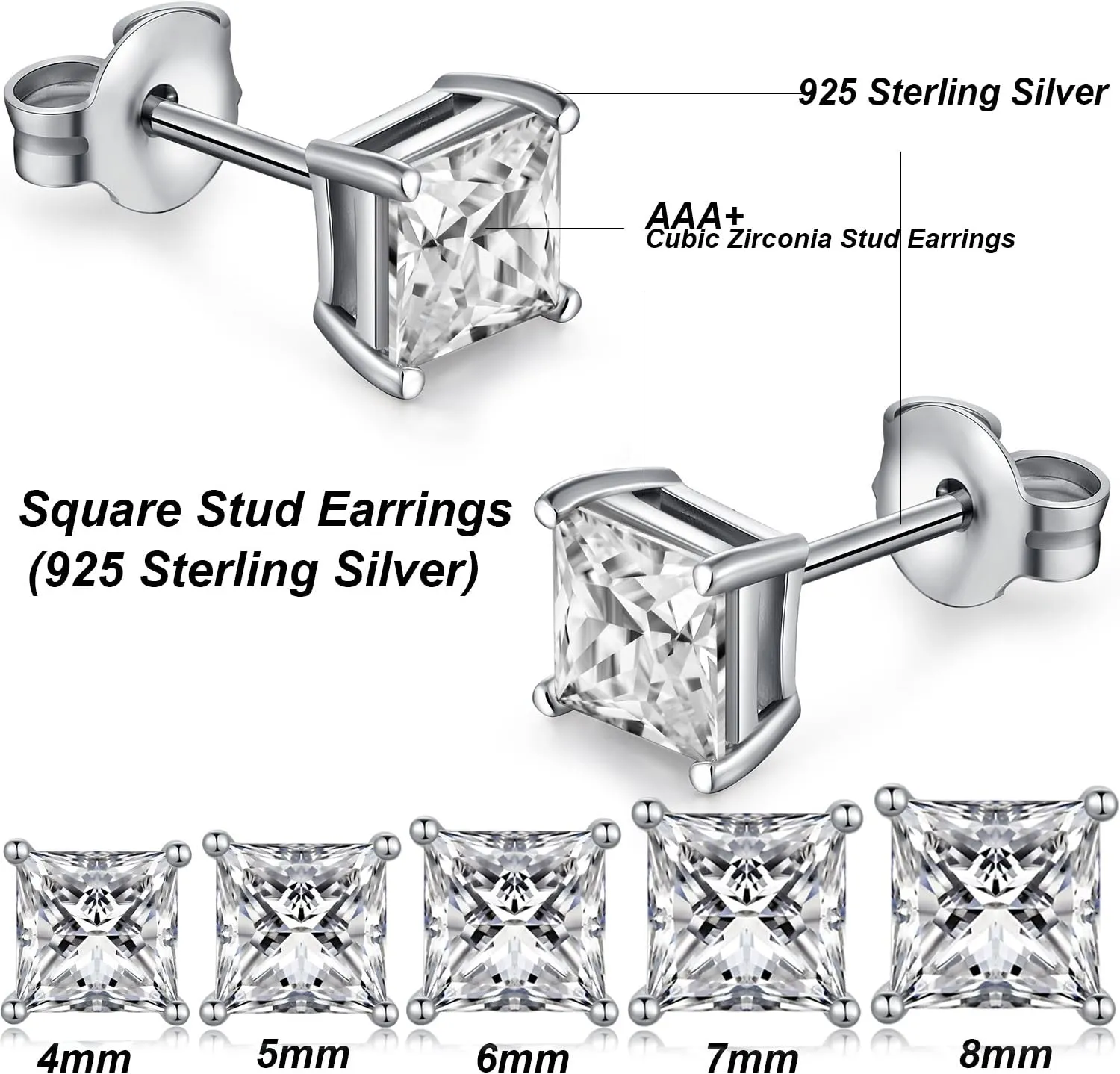 18K White Gold Plated Simulated Diamond Sparkly Round Stud Earrings 925 Sterling Silver 5A CZ Cubic Zirconia 4mm to 8mm Fine Jewelly for Women Men