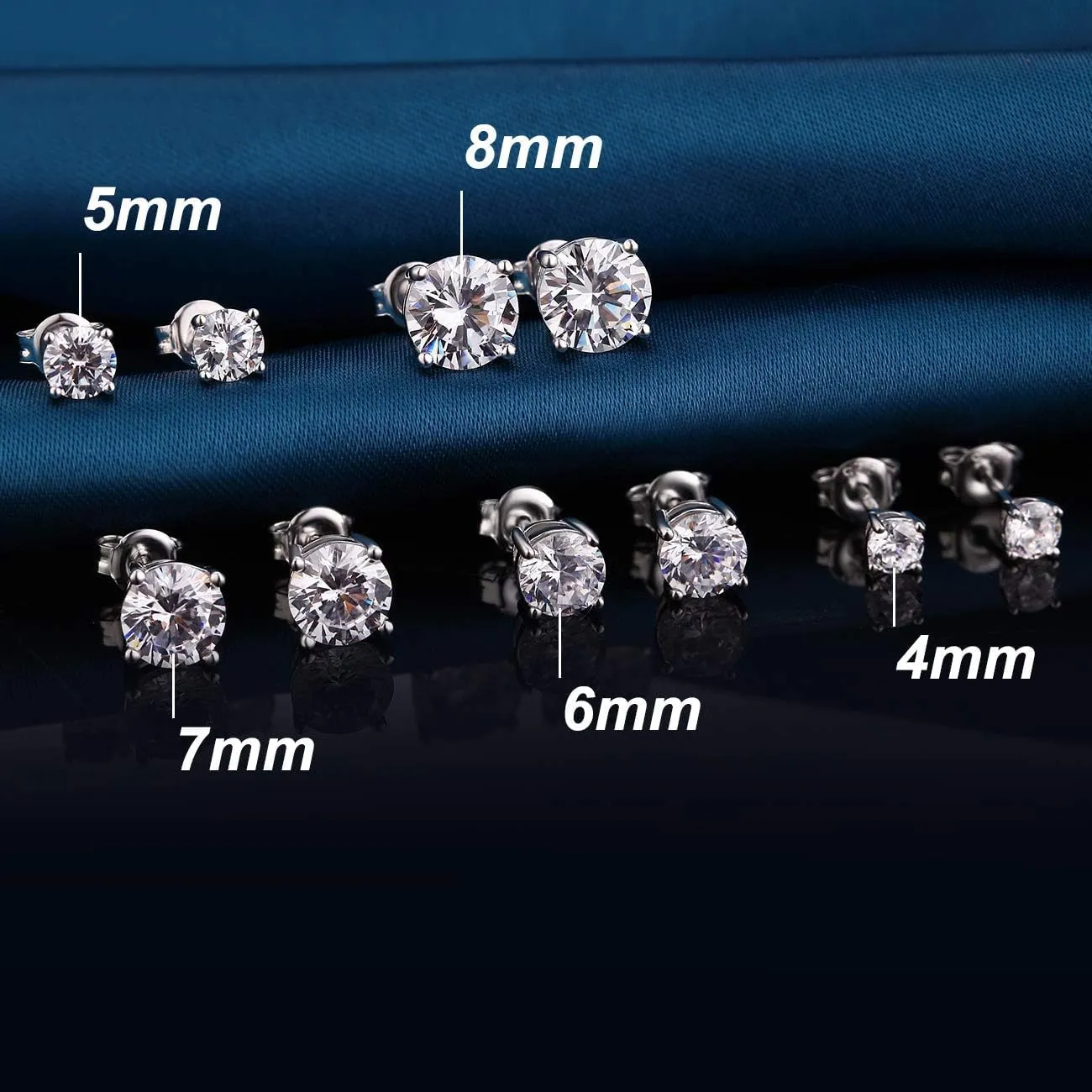 18K White Gold Plated Simulated Diamond Sparkly Round Stud Earrings 925 Sterling Silver 5A CZ Cubic Zirconia 4mm to 8mm Fine Jewelly for Women Men