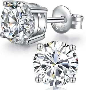 18K White Gold Plated Simulated Diamond Sparkly Round Stud Earrings 925 Sterling Silver 5A CZ Cubic Zirconia 4mm to 8mm Fine Jewelly for Women Men