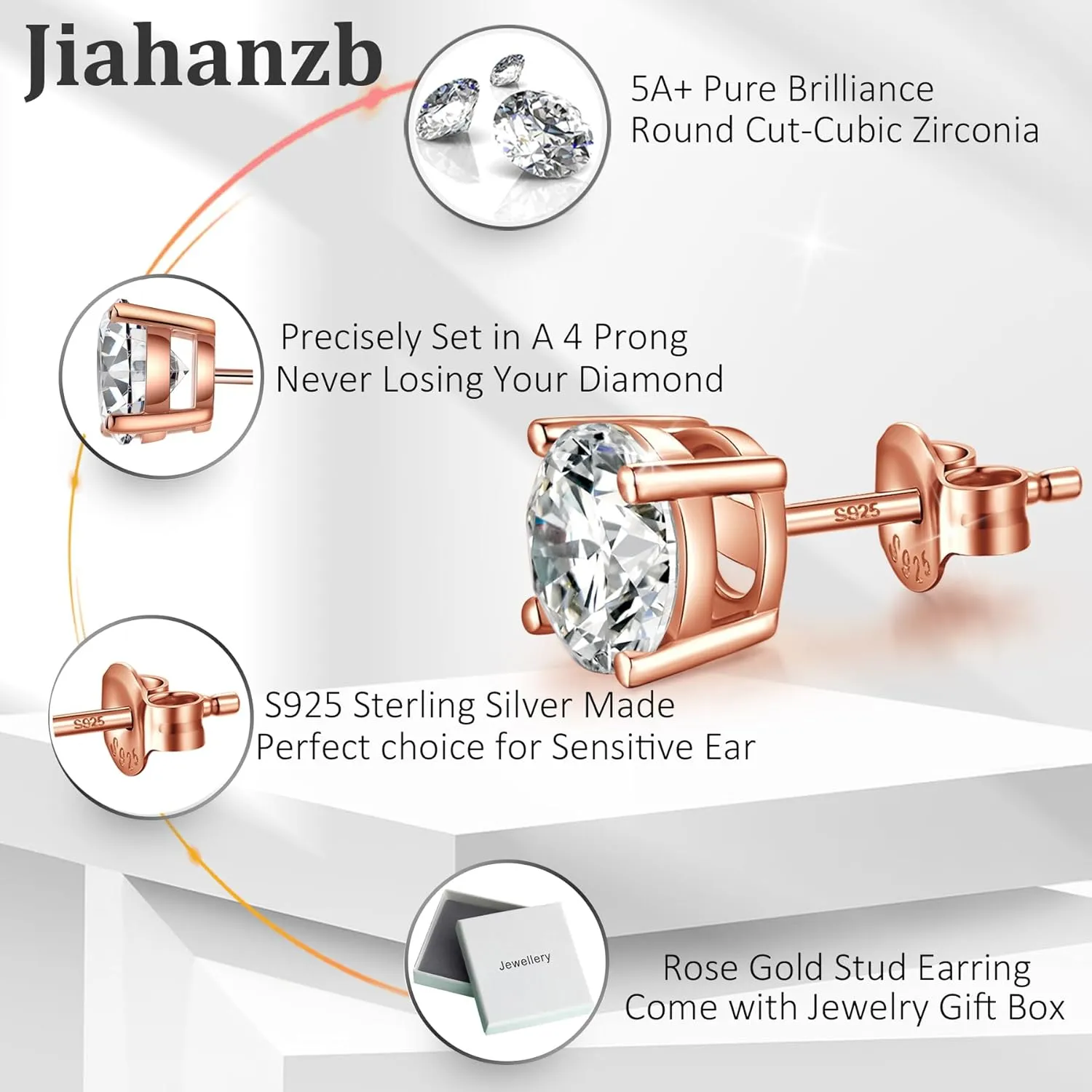 18K White Gold Plated Sparkling CZ Diamond Stud Earrings 925 Sterling Silver Cubic Zirconia Stud Earrings Hypoallergenic Simulated Diamond Stud Earrings for Women/Men 4MM-8MM