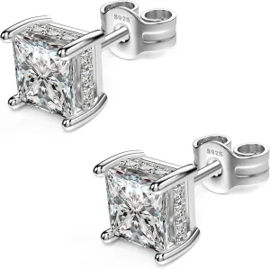 18K White Gold Plated Sterling Silver Princess Cut Square Cubic Zirconia Stud Earrings for Women Men Clear CZ Diamond Stud Earrings