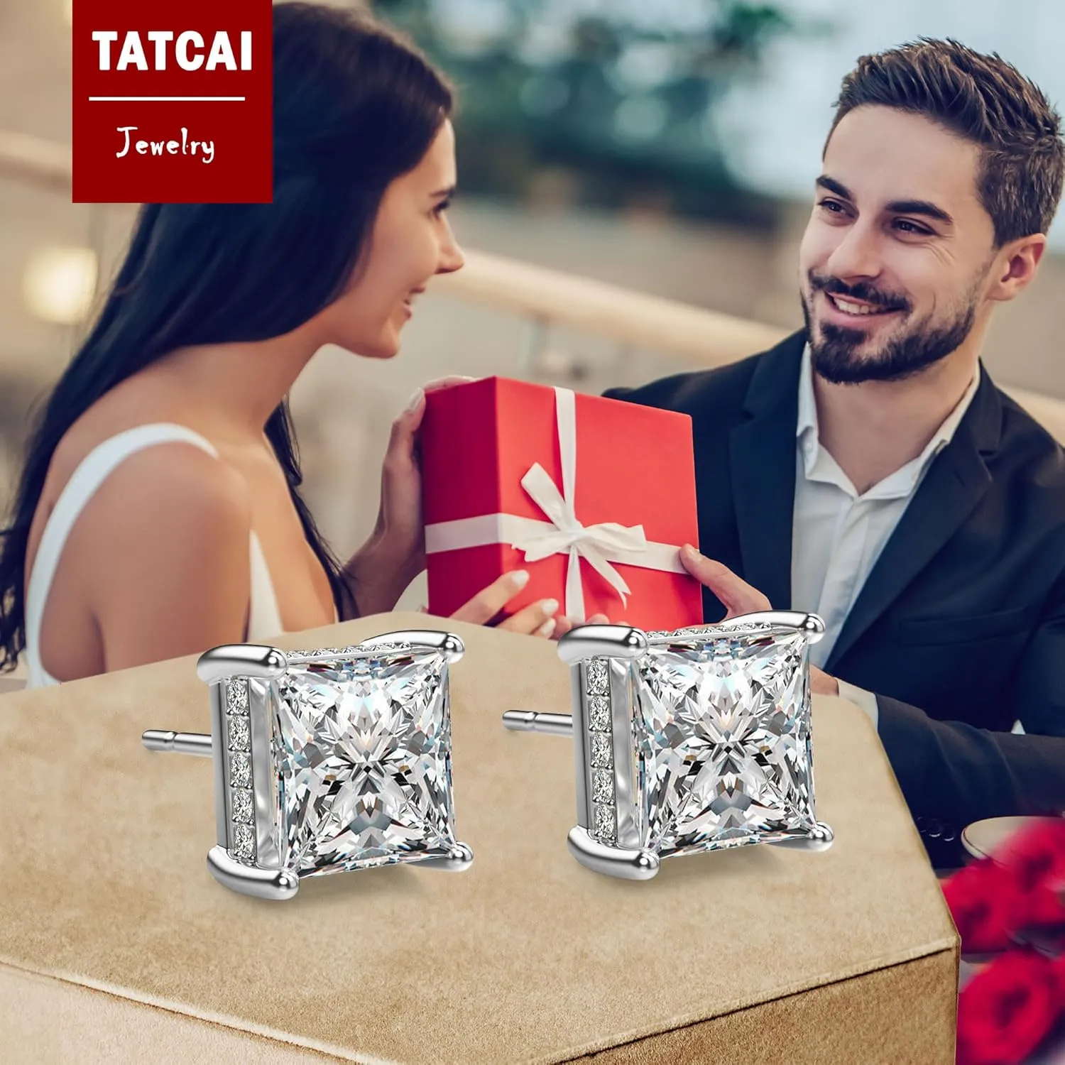 18K White Gold Plated Sterling Silver Princess Cut Square Cubic Zirconia Stud Earrings for Women Men Clear CZ Diamond Stud Earrings