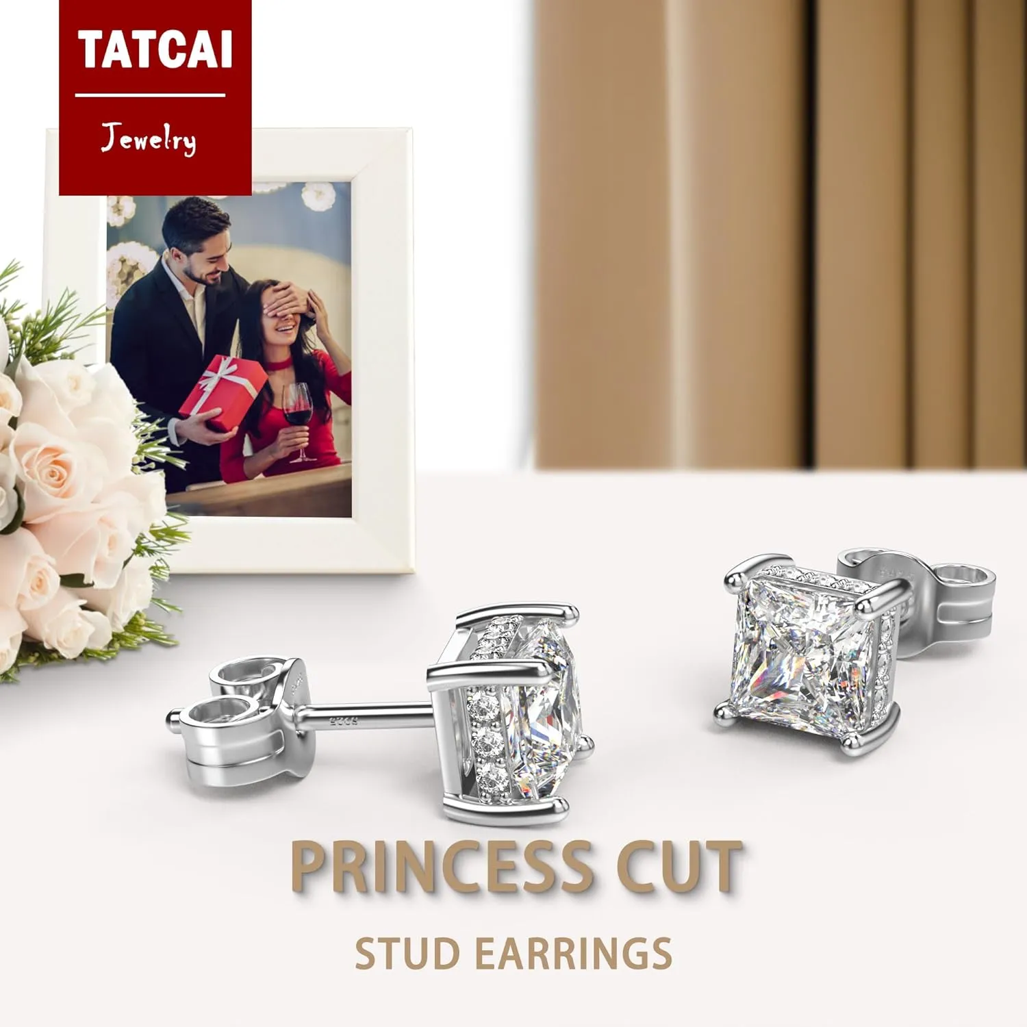 18K White Gold Plated Sterling Silver Princess Cut Square Cubic Zirconia Stud Earrings for Women Men Clear CZ Diamond Stud Earrings