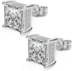 18K White Gold Plated Sterling Silver Princess Cut Square Cubic Zirconia Stud Earrings for Women Men Clear CZ Diamond Stud Earrings