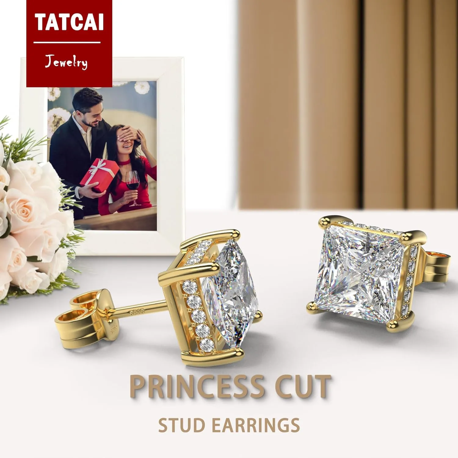 18K White Gold Plated Sterling Silver Princess Cut Square Cubic Zirconia Stud Earrings for Women Men Clear CZ Diamond Stud Earrings