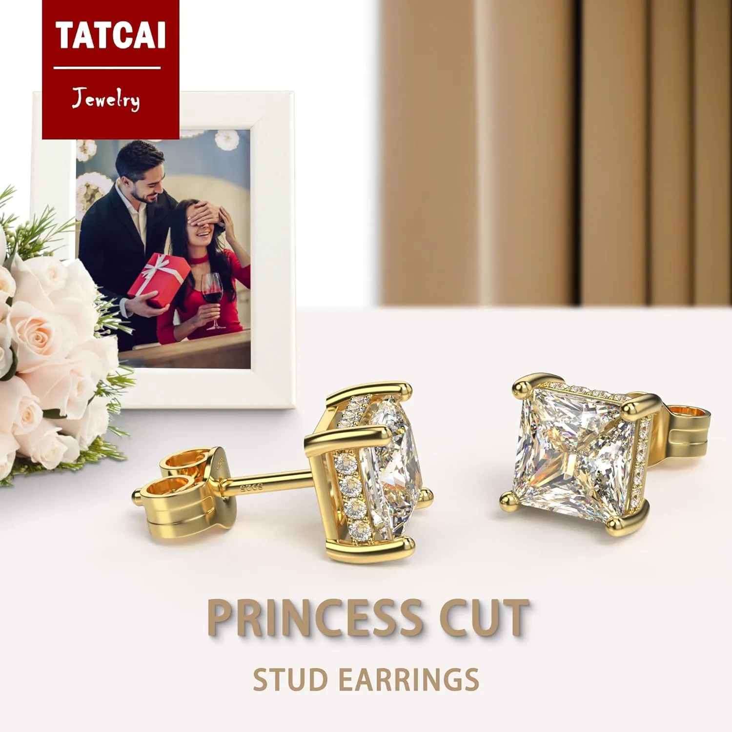 18K White Gold Plated Sterling Silver Princess Cut Square Cubic Zirconia Stud Earrings for Women Men Clear CZ Diamond Stud Earrings