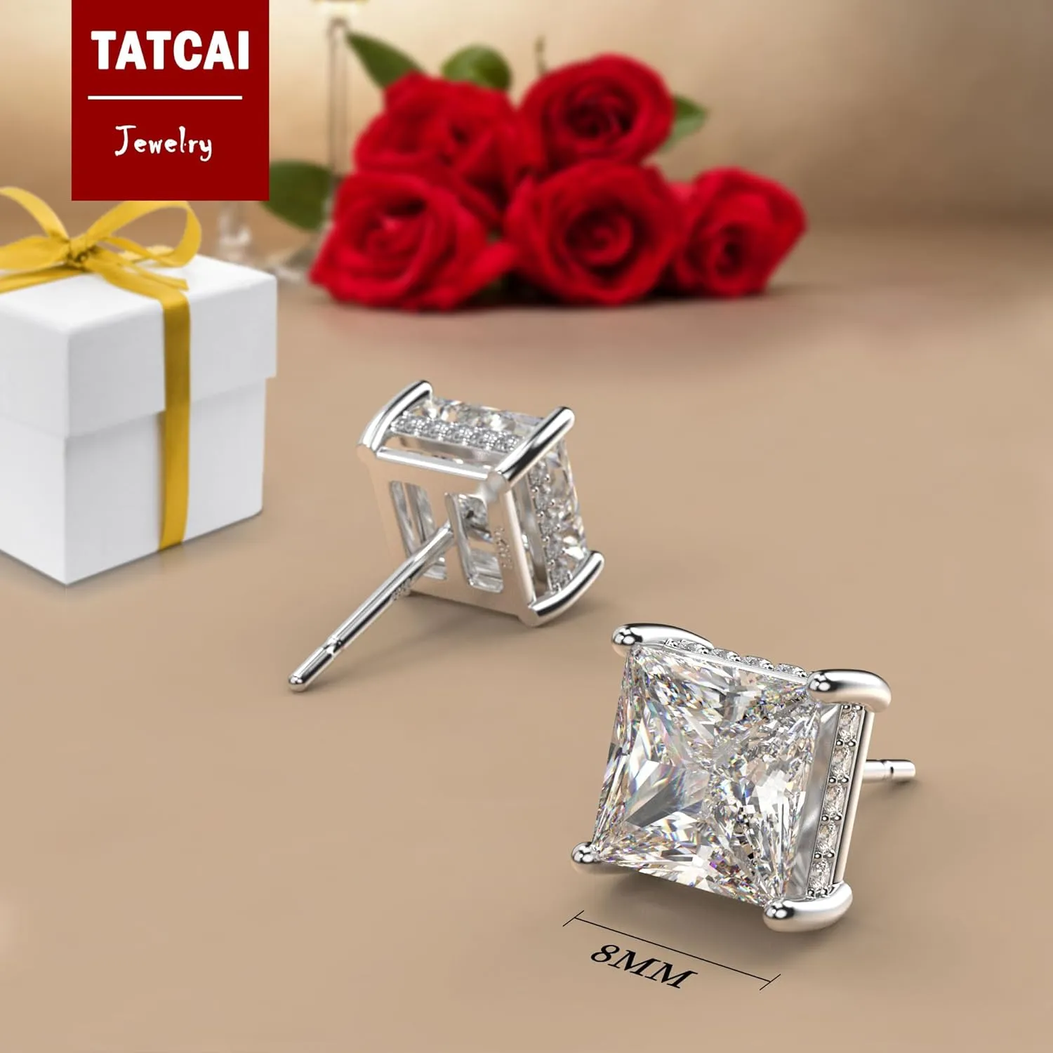 18K White Gold Plated Sterling Silver Princess Cut Square Cubic Zirconia Stud Earrings for Women Men Clear CZ Diamond Stud Earrings