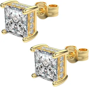 18K White Gold Plated Sterling Silver Princess Cut Square Cubic Zirconia Stud Earrings for Women Men Clear CZ Diamond Stud Earrings