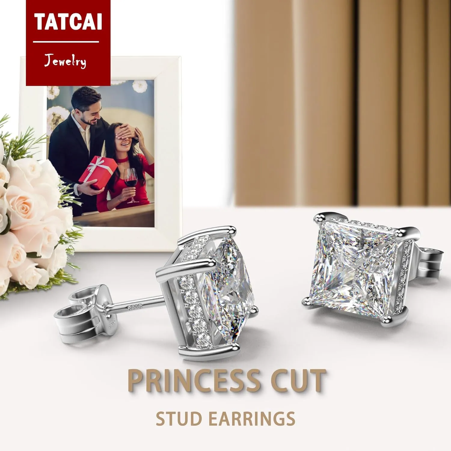 18K White Gold Plated Sterling Silver Princess Cut Square Cubic Zirconia Stud Earrings for Women Men Clear CZ Diamond Stud Earrings
