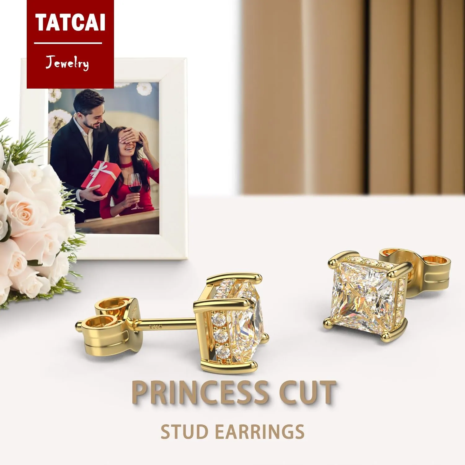 18K White Gold Plated Sterling Silver Princess Cut Square Cubic Zirconia Stud Earrings for Women Men Clear CZ Diamond Stud Earrings