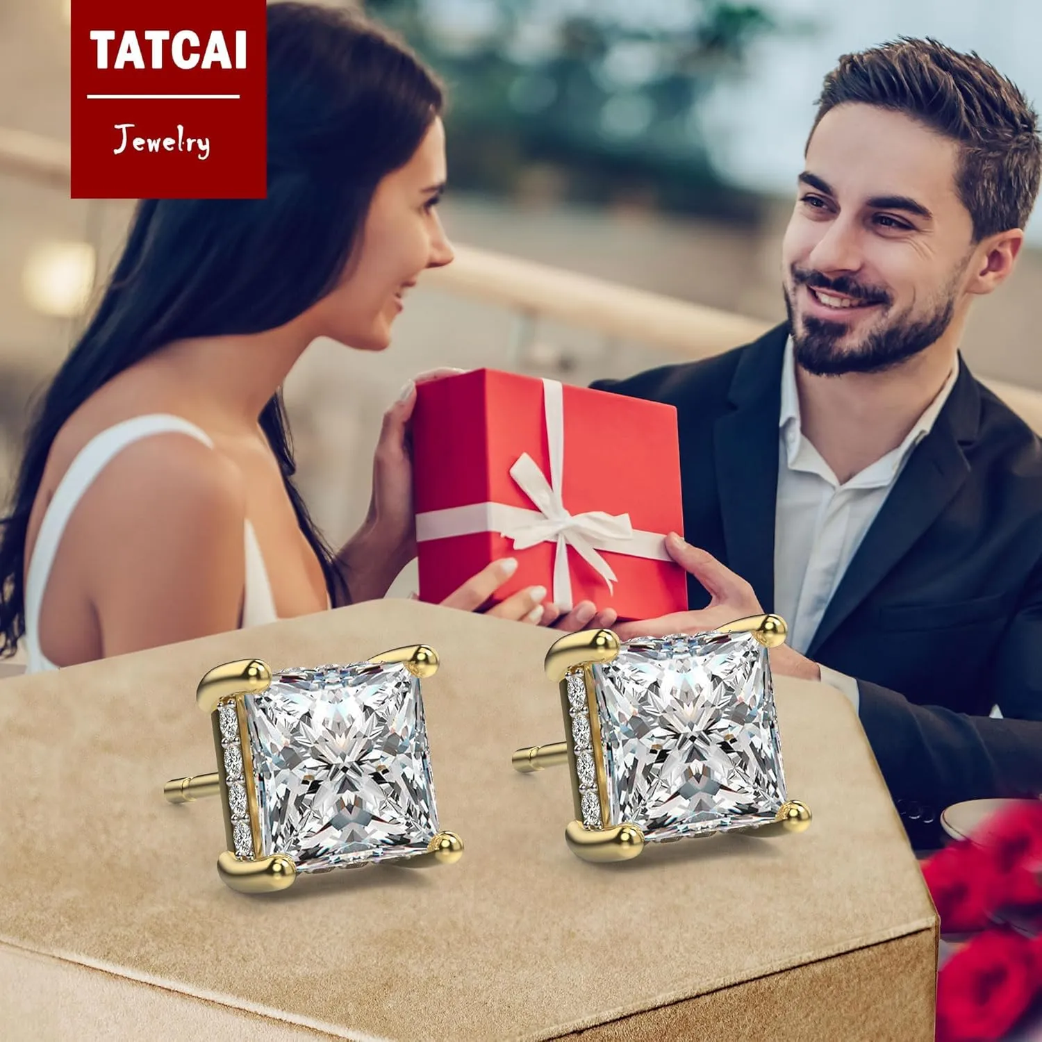 18K White Gold Plated Sterling Silver Princess Cut Square Cubic Zirconia Stud Earrings for Women Men Clear CZ Diamond Stud Earrings