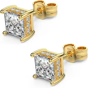 18K White Gold Plated Sterling Silver Princess Cut Square Cubic Zirconia Stud Earrings for Women Men Clear CZ Diamond Stud Earrings