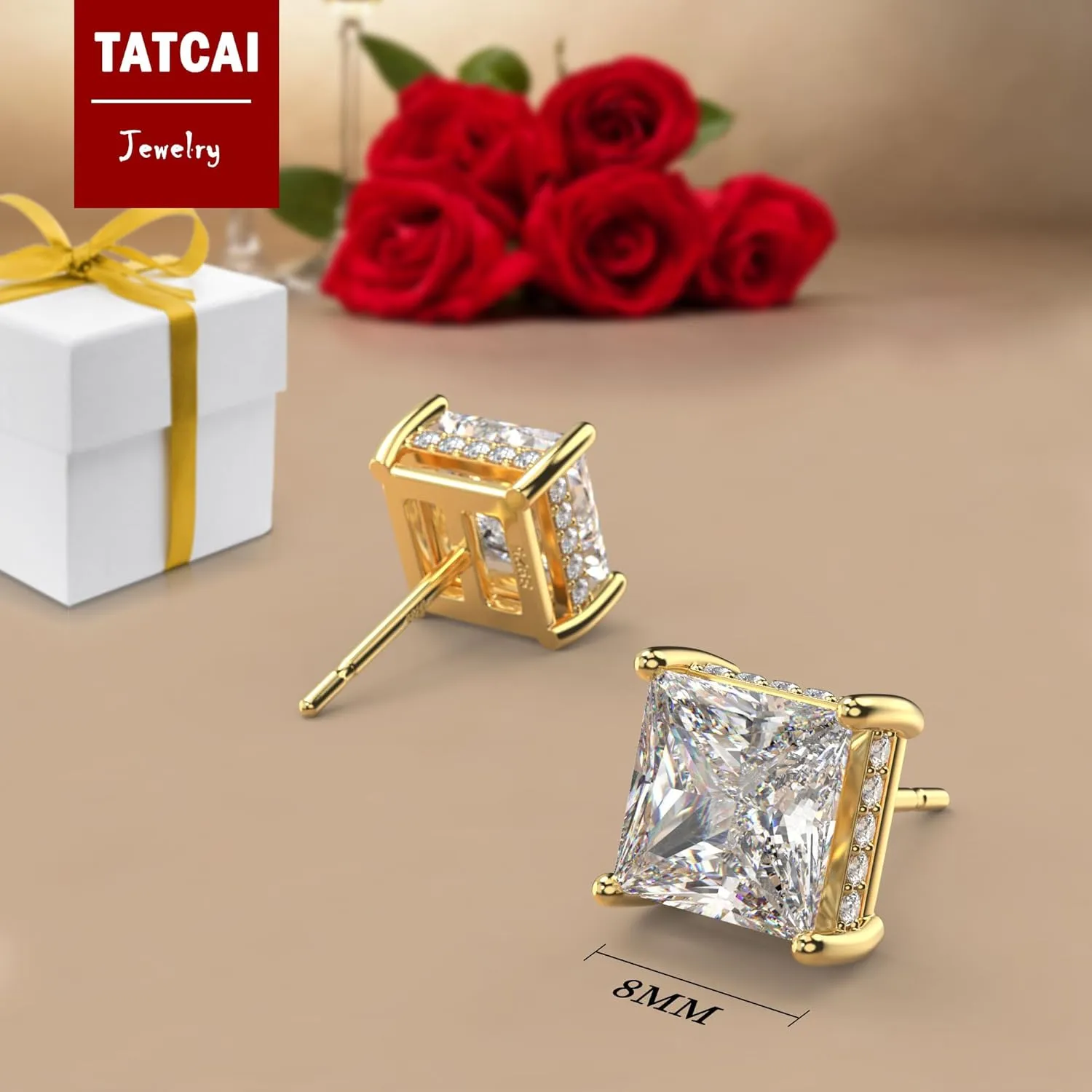 18K White Gold Plated Sterling Silver Princess Cut Square Cubic Zirconia Stud Earrings for Women Men Clear CZ Diamond Stud Earrings