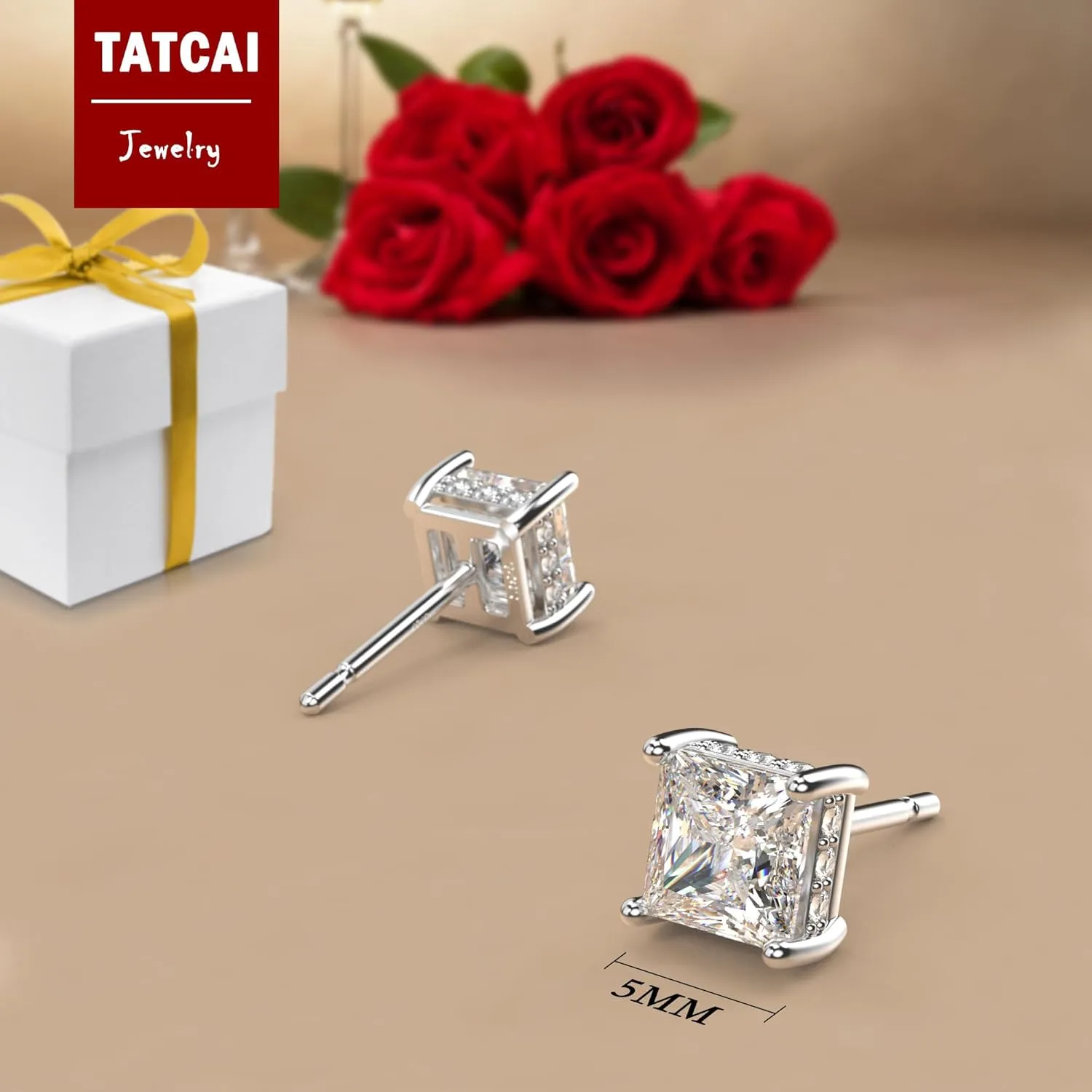 18K White Gold Plated Sterling Silver Princess Cut Square Cubic Zirconia Stud Earrings for Women Men Clear CZ Diamond Stud Earrings
