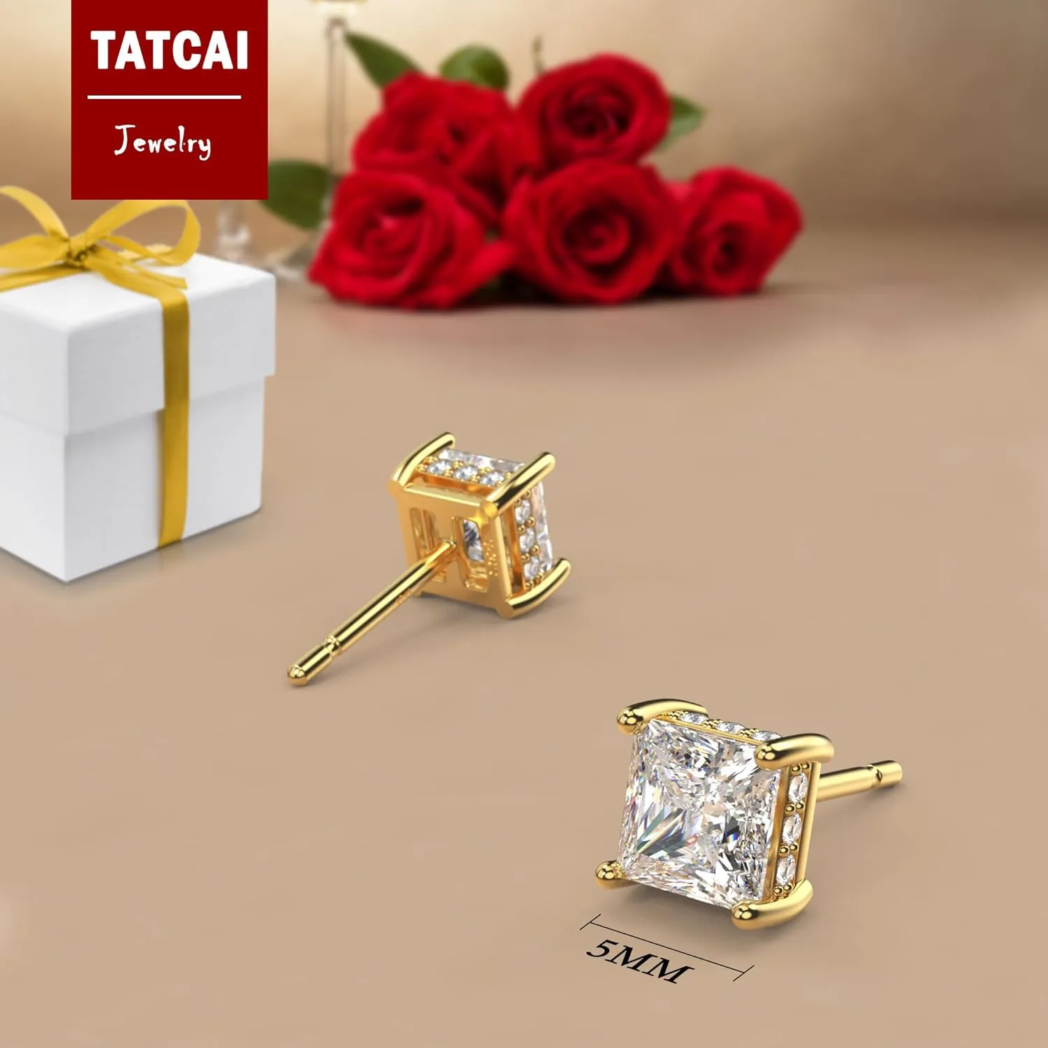 18K White Gold Plated Sterling Silver Princess Cut Square Cubic Zirconia Stud Earrings for Women Men Clear CZ Diamond Stud Earrings