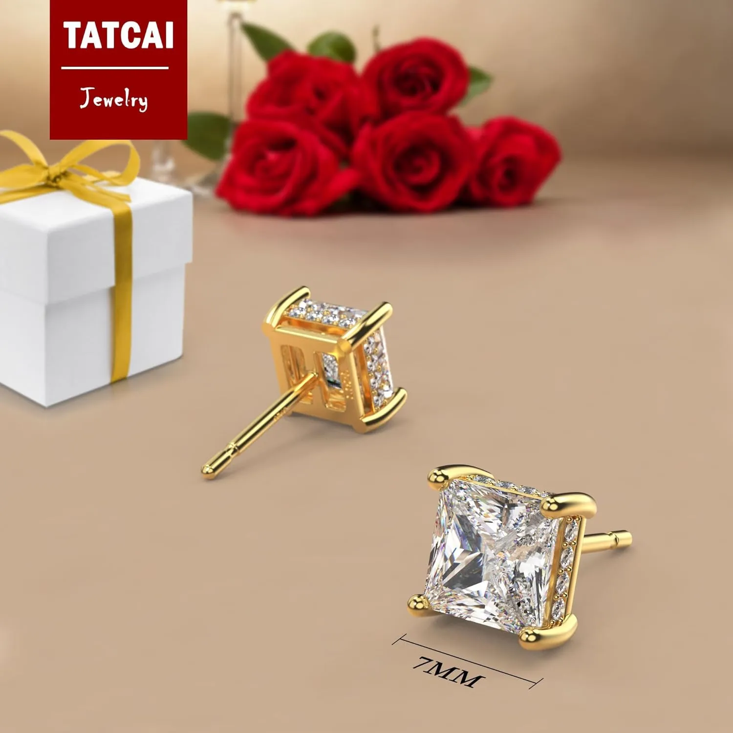 18K White Gold Plated Sterling Silver Princess Cut Square Cubic Zirconia Stud Earrings for Women Men Clear CZ Diamond Stud Earrings