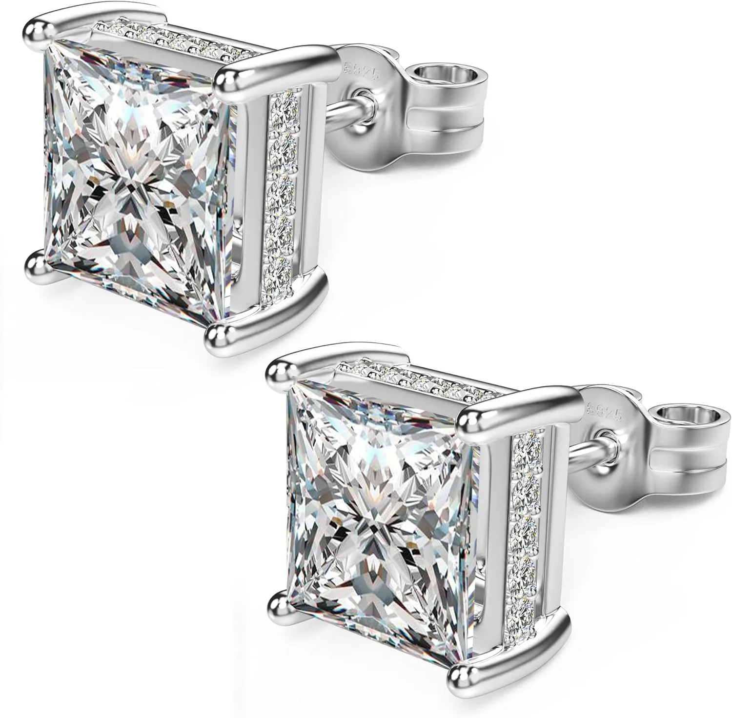 18K White Gold Plated Sterling Silver Princess Cut Square Cubic Zirconia Stud Earrings for Women Men Clear CZ Diamond Stud Earrings