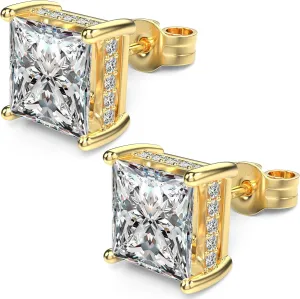 18K White Gold Plated Sterling Silver Princess Cut Square Cubic Zirconia Stud Earrings for Women Men Clear CZ Diamond Stud Earrings