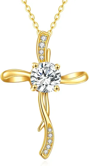 1CT Moissanite 14K Gold Cross Necklace for Women, 14K Gold Infinity Cross Pendant Necklace Crufix Baptism Faith Jewelry Birthday Christmas Gifts for Mom Her Girlfriend Sister Wife, 16 2 Inch