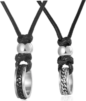 2 PCS Couples Ring Charm Pendant Black Rope String Necklace for men women couples lovers, Fashion and Punk Rock