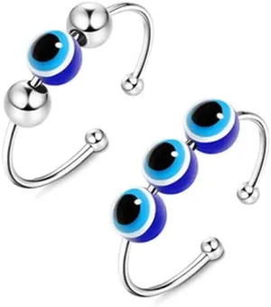 2 Pcs Evil Eye Rings for Women Men, Fashion Adjustable Fidget Blue Eye Rings for Anxiety, Personalized Open Amulet Good Luck Ring Jewelry Evil Eye Jewelry Gifts for Women Mother Men Couple