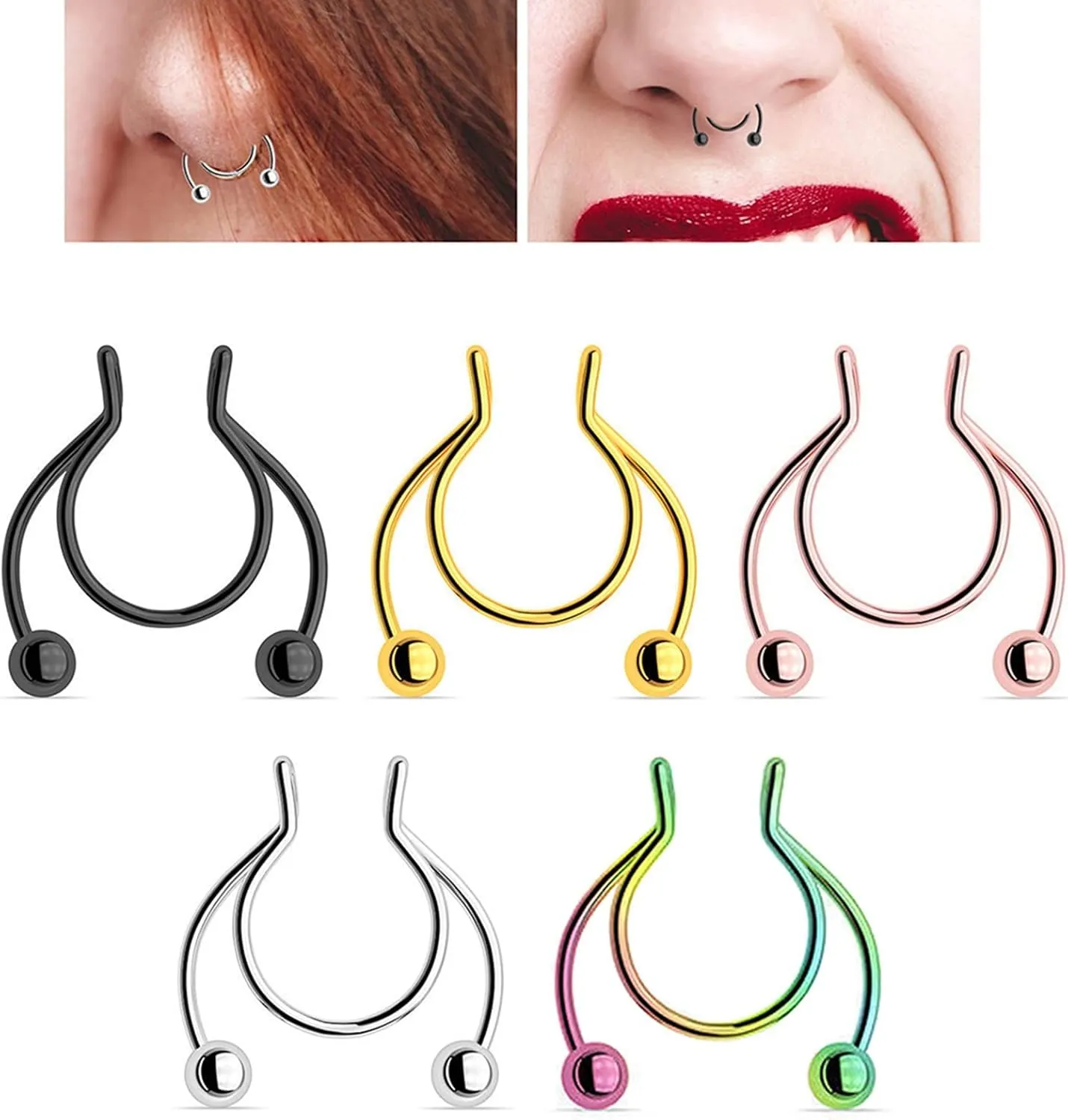 2 PCS Fake Lip Rings and Fake Nose Ring, Multicolor Stainless Steel Nose Piercing with Antlers U-Shaped Design Piercing Jewelry for Women