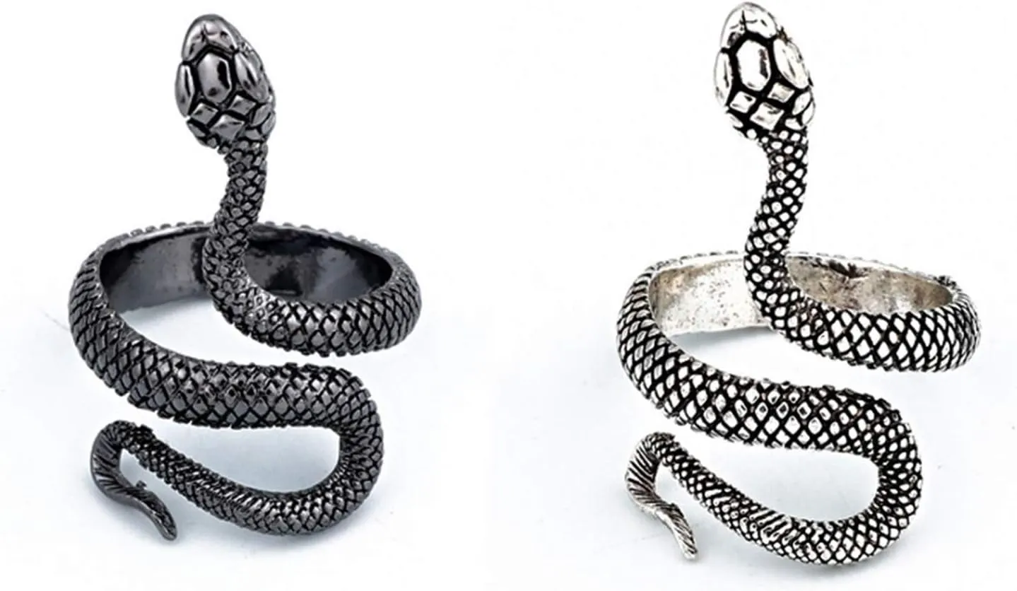 2 Piece Adjustable Snake Cobra Shaped Ring Punk Gothic Exaggerated Spirit Snake Stereoscopic Opening Finger Ring Statement for Women Men Temperament Retro Halloween Jewelry