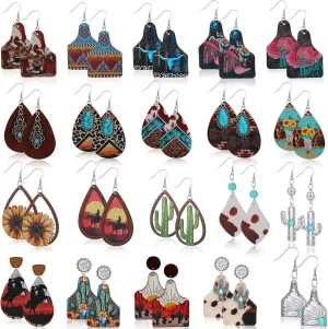 20 Pairs Western Earrings Jewelry for Women Cowgirl Cowboy Boho Vintage Handmade Cow Print Leather Wood Turquoise Teardrop Dangle Earrings Bulk Bohemian