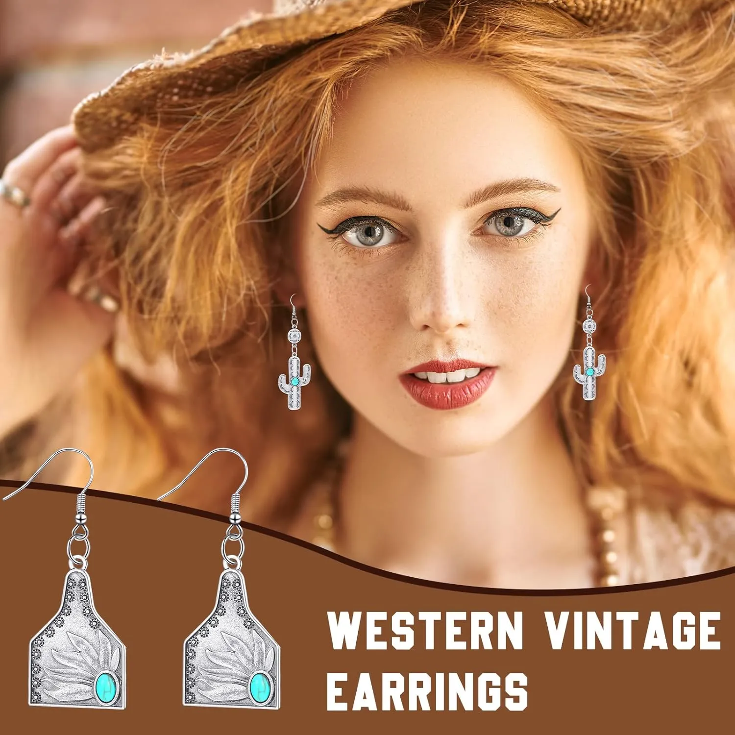 20 Pairs Western Earrings Jewelry for Women Cowgirl Cowboy Boho Vintage Handmade Cow Print Leather Wood Turquoise Teardrop Dangle Earrings Bulk Bohemian