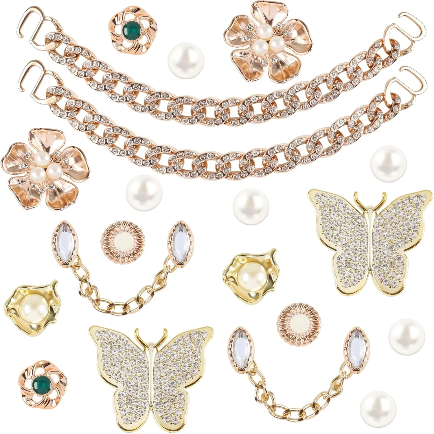 20 Pcs Bling Shoe Charms, Shoe Chains with Diamonds, Flower & Butterfly Shoes Charms Accessories for Women, Pearl Jewelry Sandals Accessories for Women Gifts, Gold