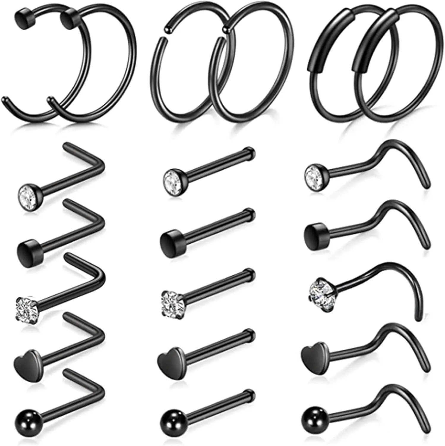 21 PCS Nose Hoop Piercing, Colorful Stainless Steel Nose Ring for Women Circle Hoop L Shape with Cubic Zirconia Body Jewelry for Women Piercings