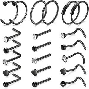 21 PCS Nose Hoop Piercing, Colorful Stainless Steel Nose Ring for Women Circle Hoop L Shape with Cubic Zirconia Body Jewelry for Women Piercings