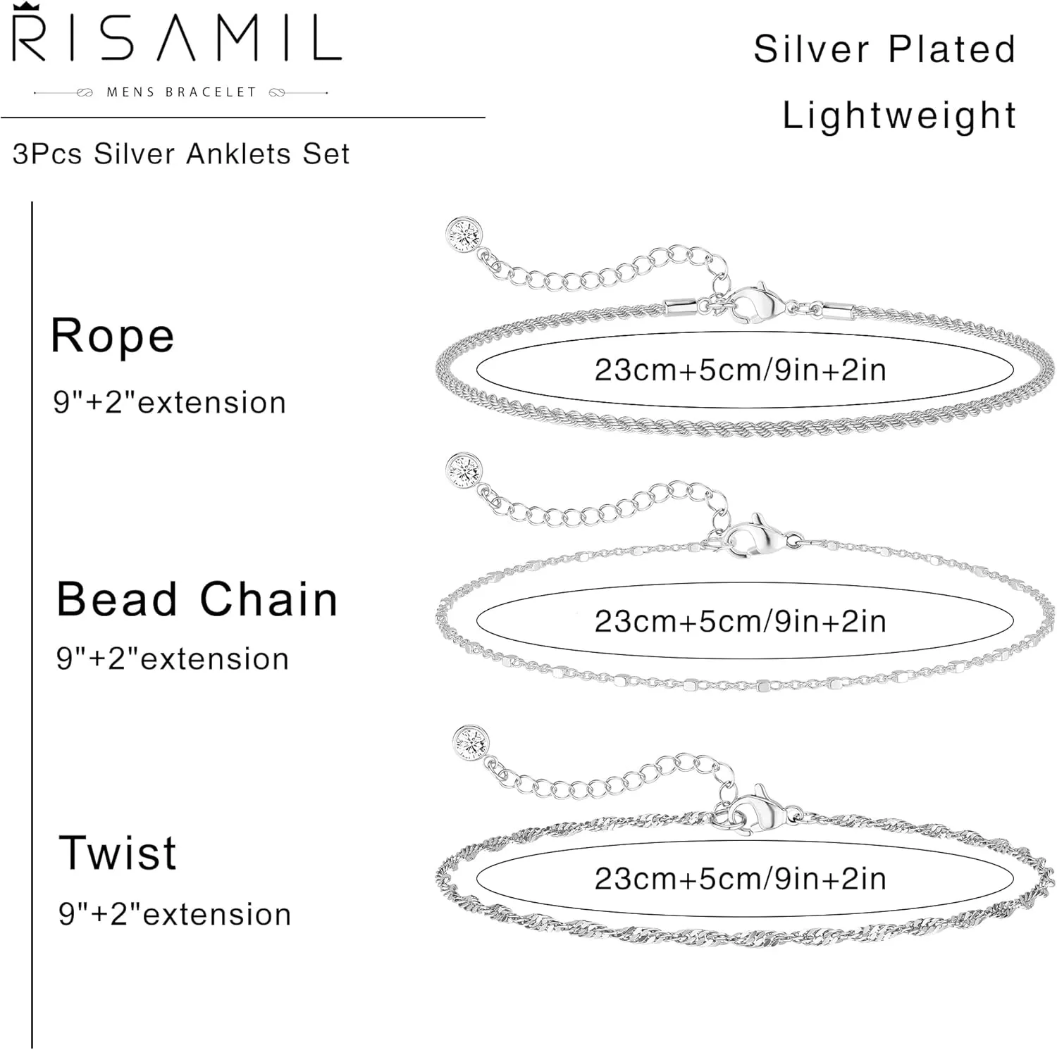 2/3Pcs Ankle Bracelets for Women - Silver Anklet Set Dainty Layered Herringbone, Rope, and Figaro Paperclip Chain Beach Foot Jewelry Gift (Silver Plated)